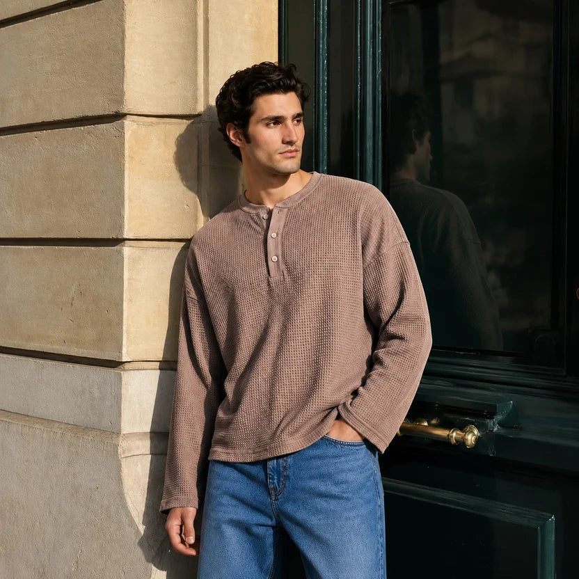 Beige Waffle Henley TEE