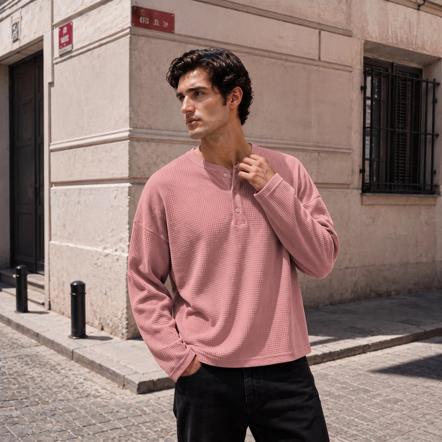 Pink Waffle Henley