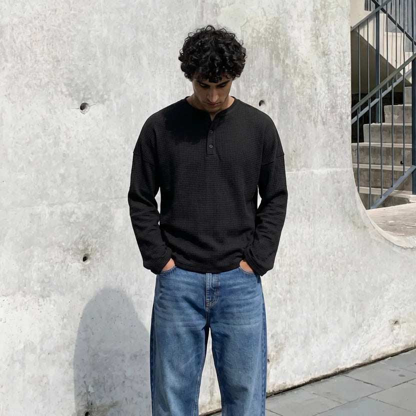 Black Waffle Henley TEE
