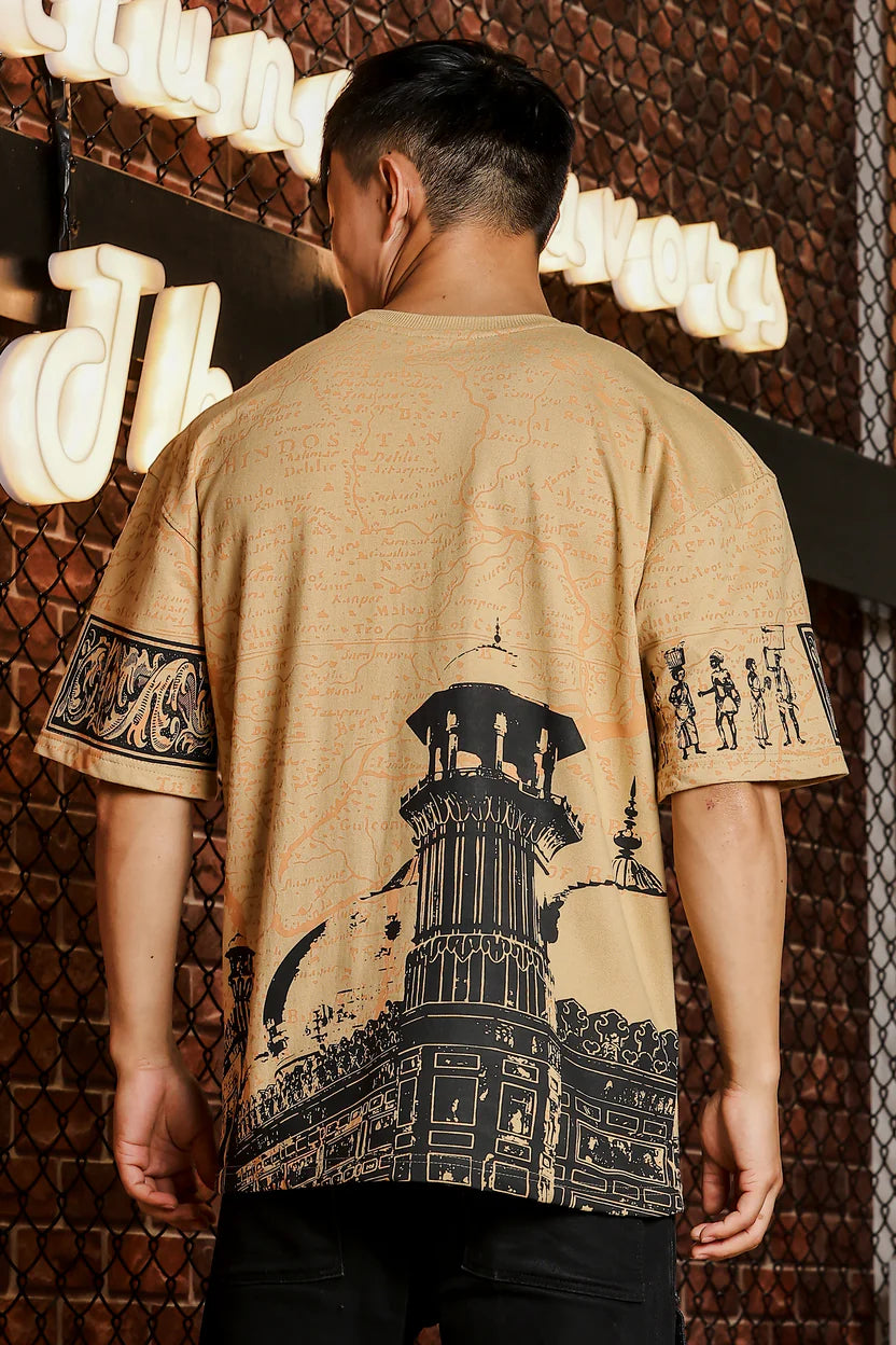 Indian Streetscape Oversized Beige TEE