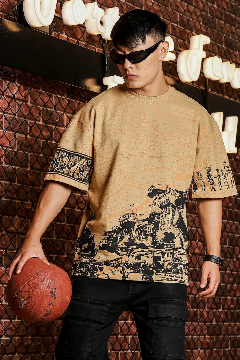 Indian Streetscape Oversized Beige TEE