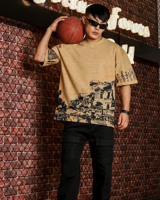 Indian Streetscape Oversized Beige TEE