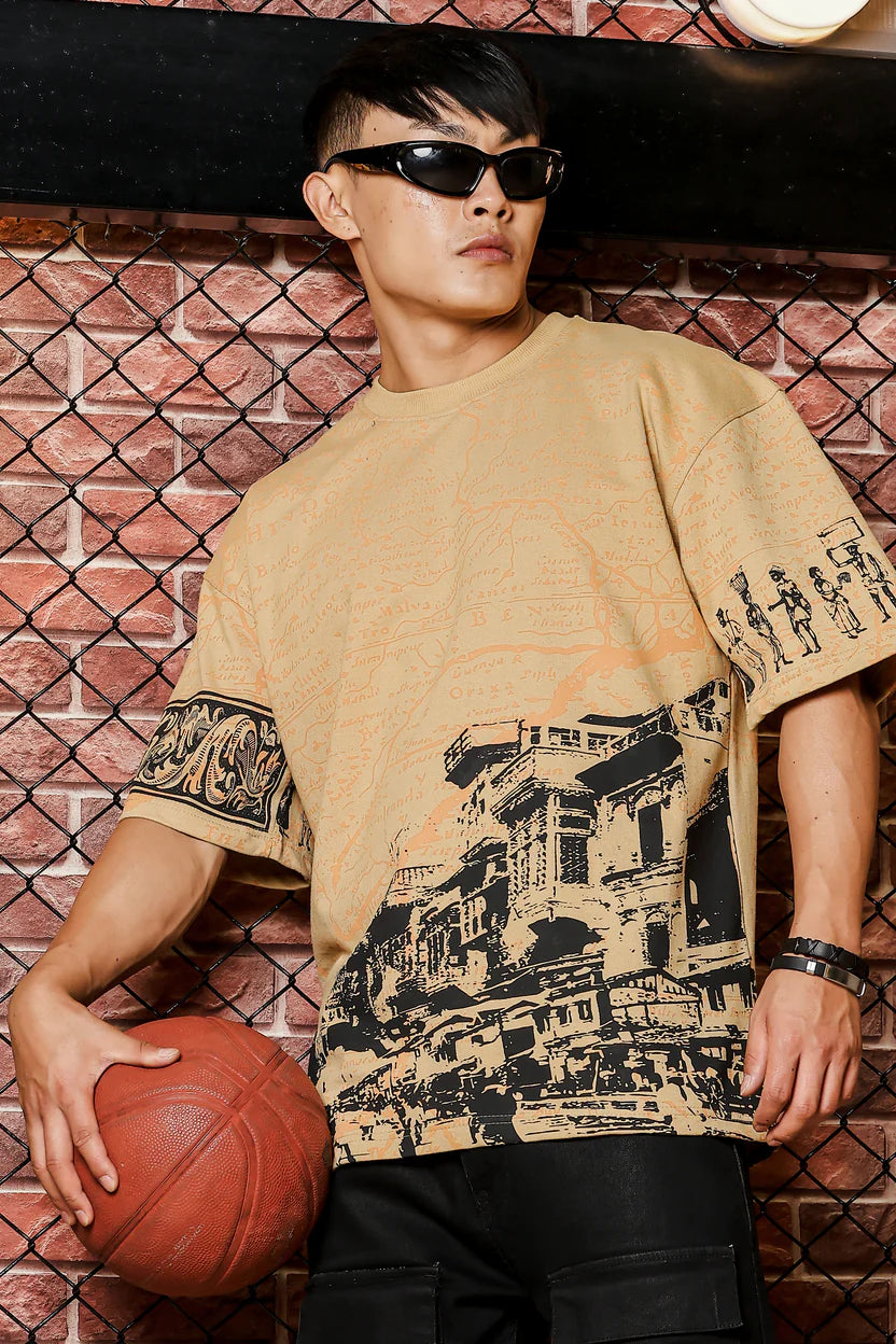 Indian Streetscape Oversized Beige TEE
