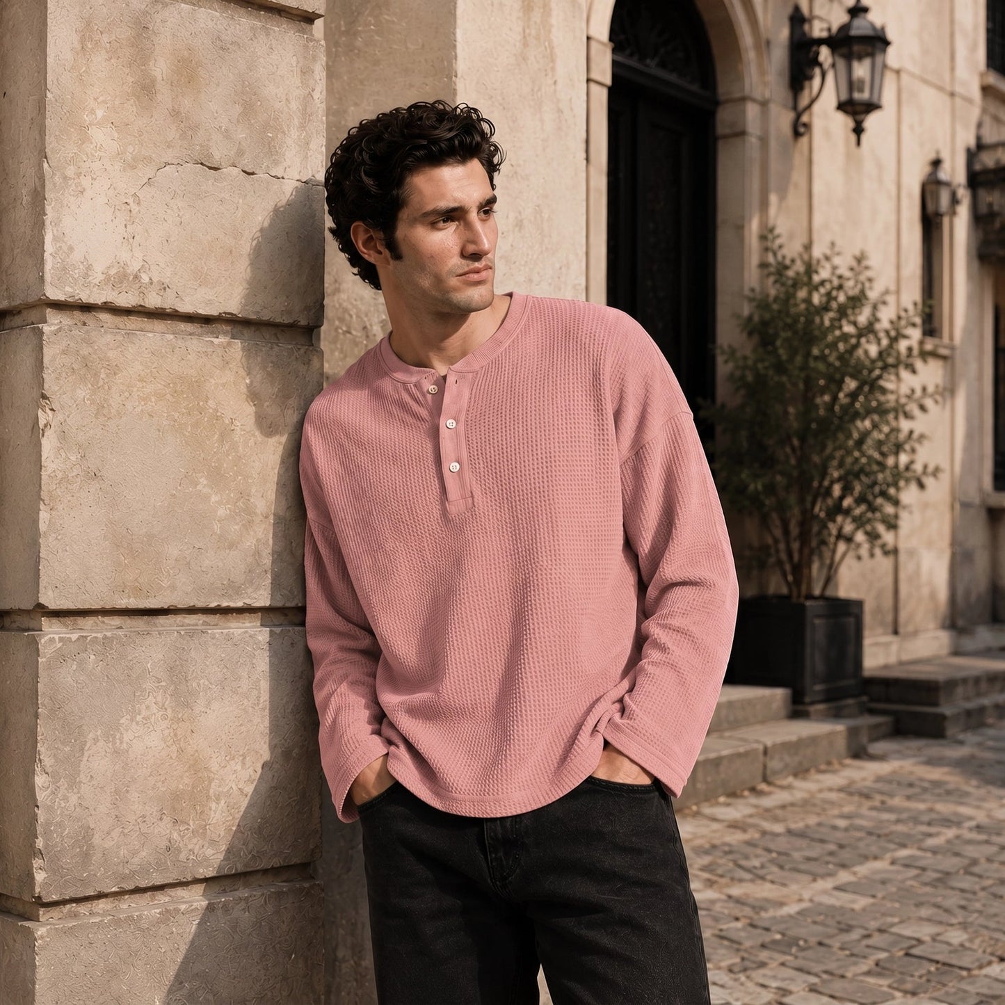 Pink Waffle Henley