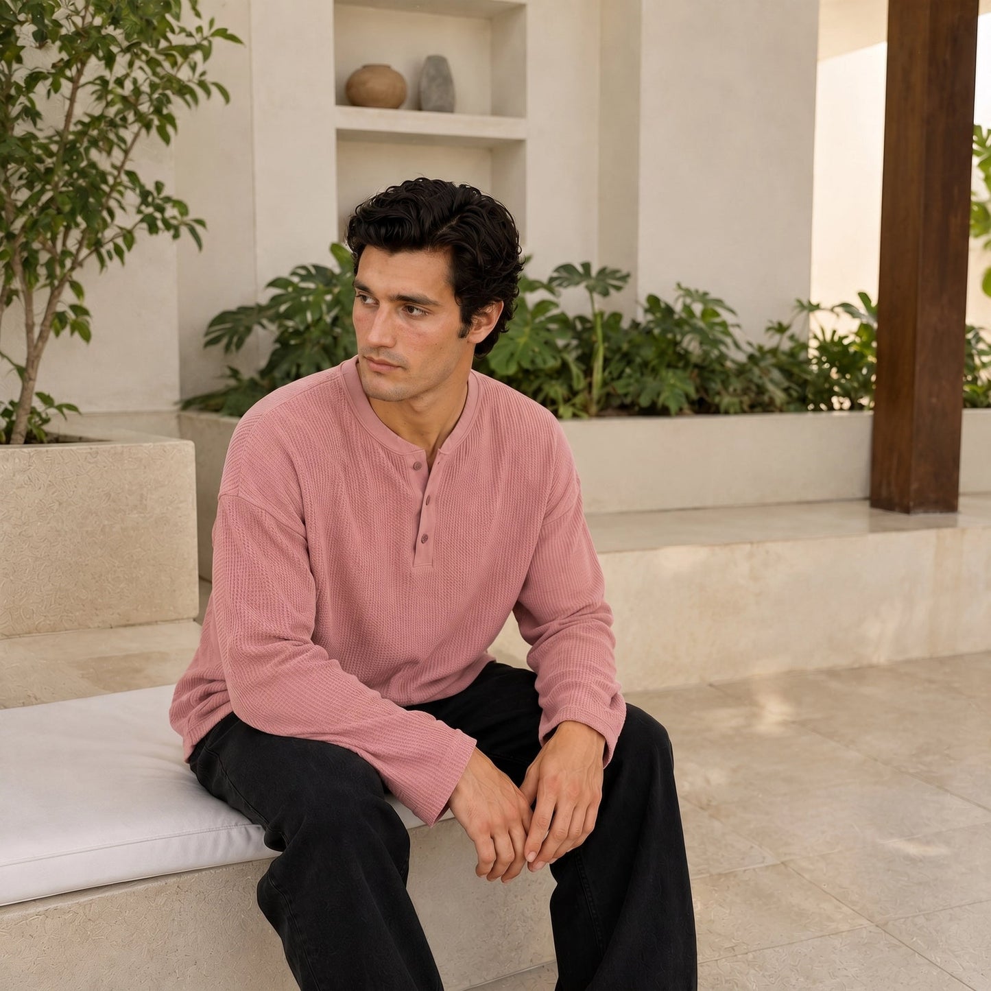 Pink Waffle Henley