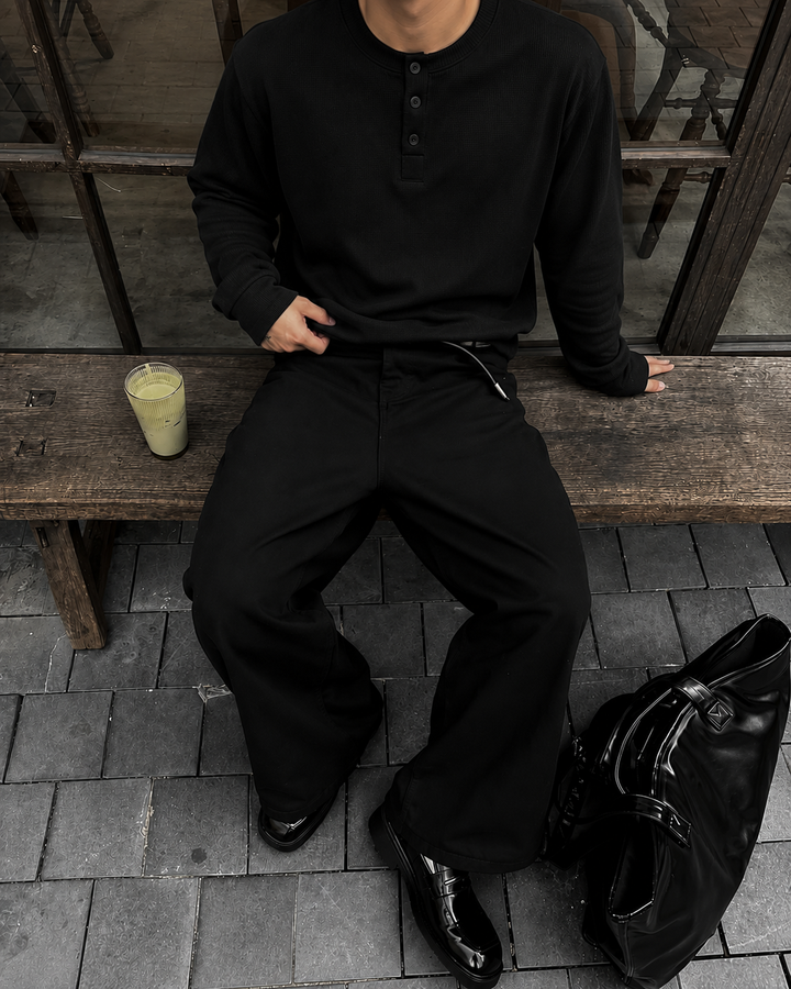 Black Waffle Henley TEE
