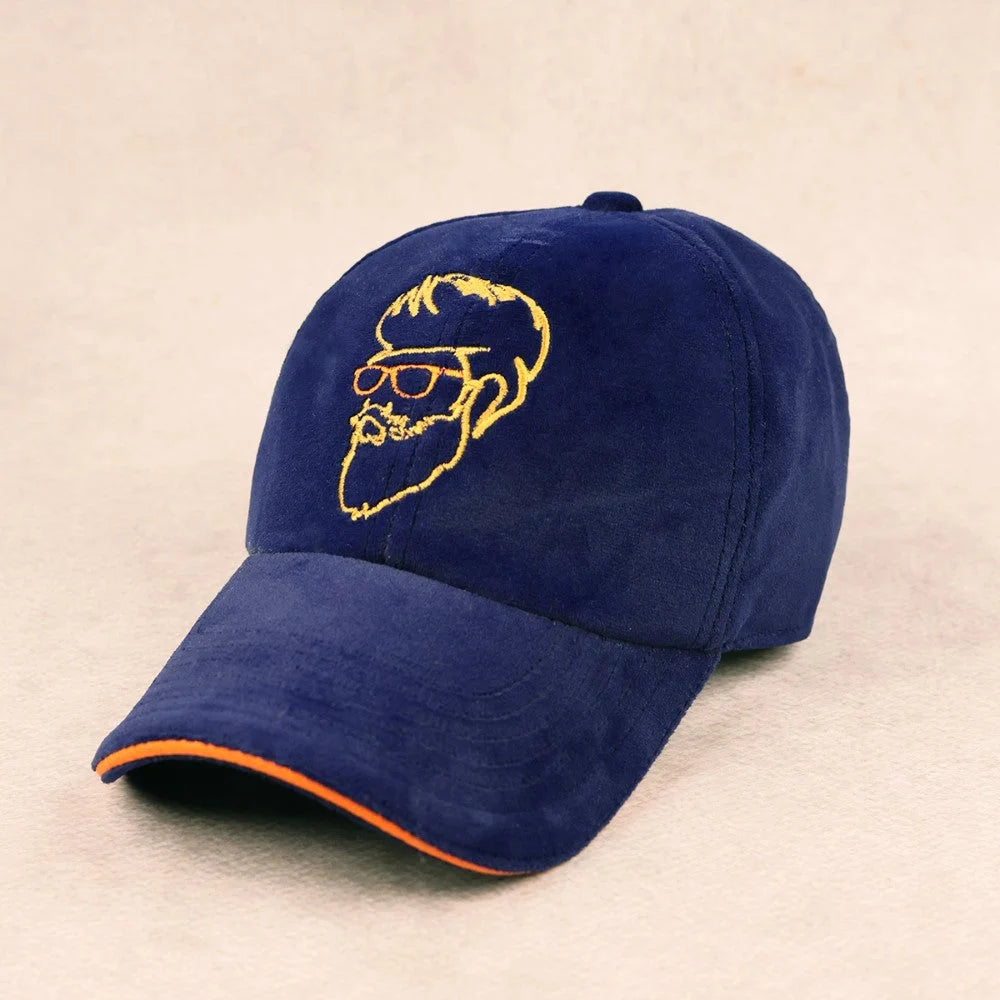 Blue Suede Baseball Cap with Embroidered Design